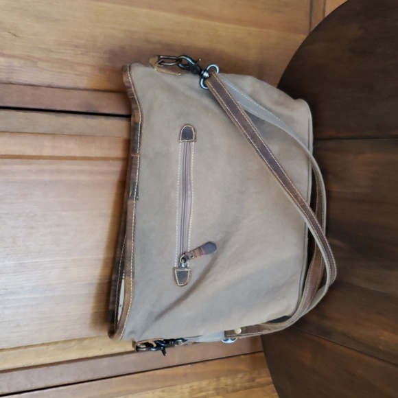 Myra Bag Distressed Leather Canvas Accents Shoulder Bag - Picture 4 of 9